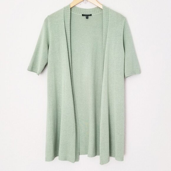 Eileen Fisher Short Sleeve Open Front Longline Cardigan Sage Green Petite M Silk - Picture 1 of 11
